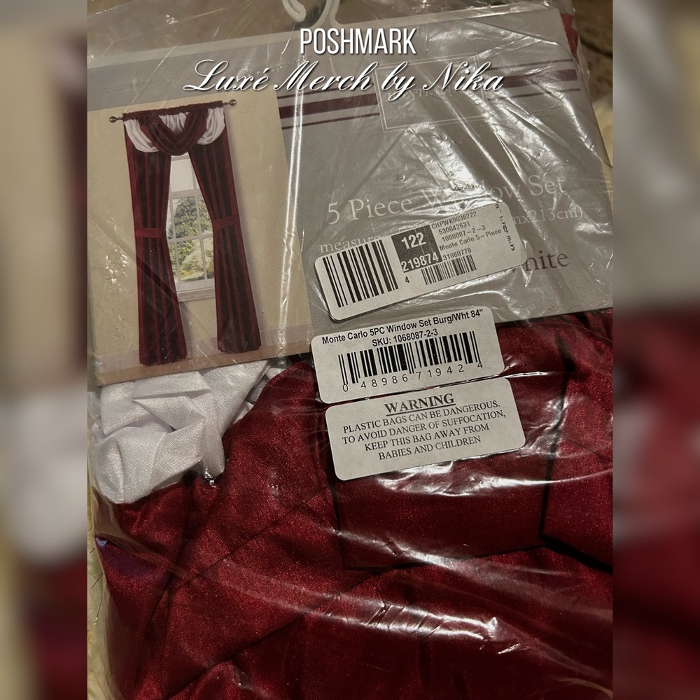 (5) Piece Window Curtain Set - Burgundy and White